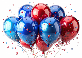 A cluster of red and blue glossy latex balloons with confetti falling around them against a white background