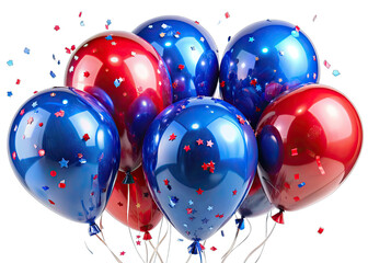 A cluster of blue and red glossy latex balloons with star confetti, floating against a white background