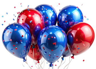 A cluster of blue and red glossy latex balloons with star confetti, floating against a white background
