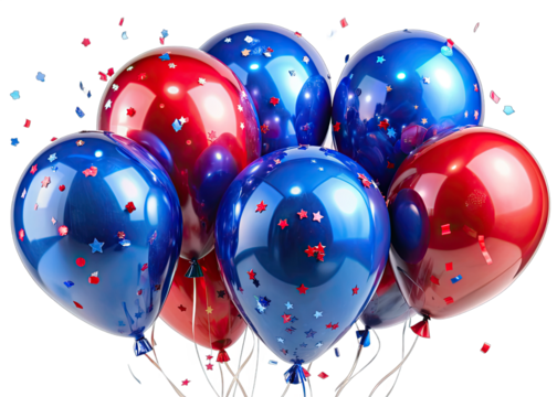 A cluster of blue and red glossy latex balloons with star confetti, floating against a white background