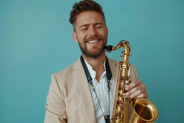 Fototapeta premium A man is smiling while holding a saxophone