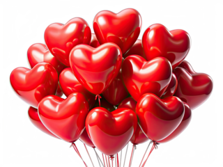 A cluster of red heart shaped balloons arranged in a bunch, isolated against a white background