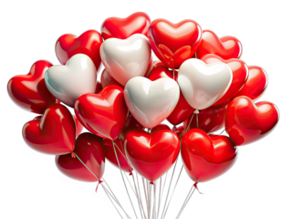 A bunch of red and white heart-shaped balloons tied together with white strings against a white background