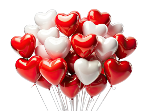A bouquet of red and white heart-shaped balloons, tied together with strings, isolated on a white background