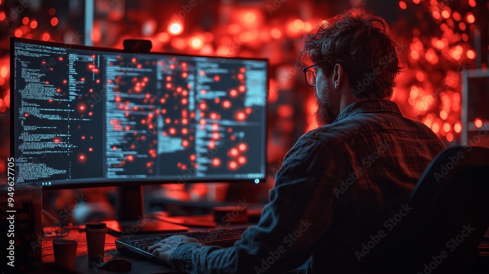 Poster a man is sitting in front of a computer monitor with a red background. he is typing on a keyboard