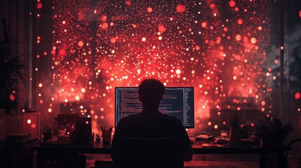 A man is sitting at a desk in front of a computer monitor. The room is dimly lit, and there are several candles on the desk. The man is working on a computer, possibly writing or coding