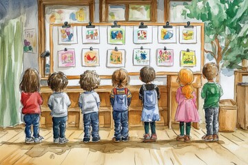 Children admire colorful artwork in cozy classroom setting, showcasing creativity and joy.