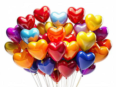 Colorful heart-shaped balloons in red, orange, yellow, blue, purple, and green cluster against a white backdrop, creating a vibrant display