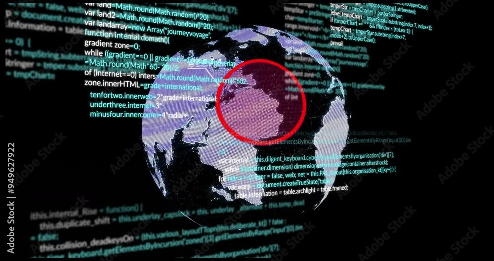 Poster globe with red target animation over programming code and data
