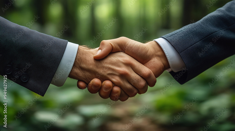 Wall mural Close-Up of Two Businessmen Shaking Hands in a Professional Business Environment Captured at a 45-Degree Angle in 8K Resolution, Emphasizing Partnership and Agreement