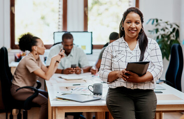 Portrait, business woman and office with tablet, smile and project management as professional....