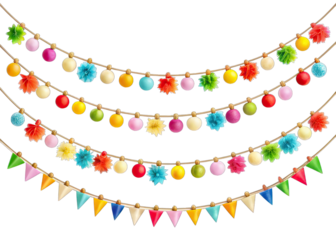 Four festive garlands, each adorned with colorful pom-poms, round ornaments, and triangular flags, are strung together on a white background
