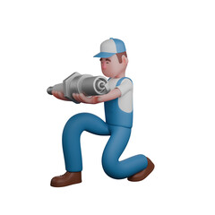 3D Illustrative Male Mechanic. A mechanic is kneeling as if handing a large spark plug. Automotive Professional