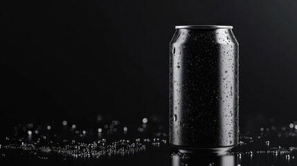 A condensation-covered aluminum can on a reflective surface with water droplets, set against a dark background that accentuates the can's shiny texture.