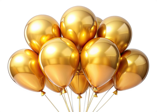 A group of golden, glossy latex balloons are tied together with strings, and all are floating up. The balloons are isolated on a white background