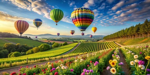 Fototapeta premium whimsical spring scene of a vineyard with hot air balloons soaring above the lush vineyard rows and blooming flowers under a bright blue sky