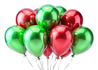 A cluster of green and red glossy latex balloons tied together with strings, all against a white background