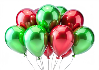 A cluster of green and red glossy latex balloons tied together with strings, all against a white background
