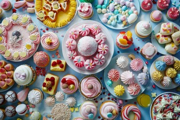 Different types of cupcakes arranged on a table, Sweet treats and desserts scattered throughout