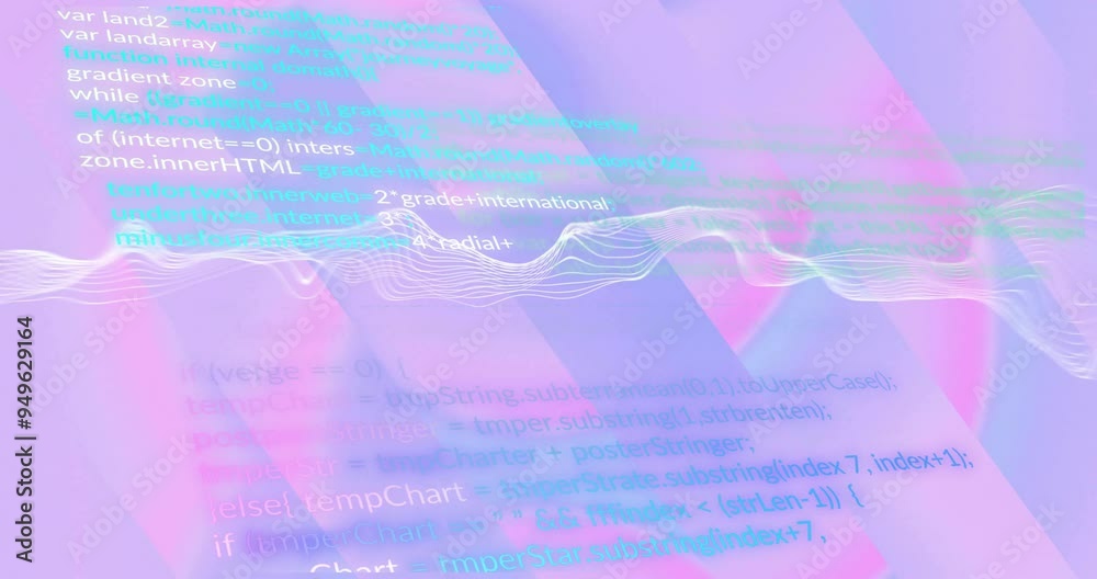 Poster programming code and data wave animation over abstract purple background