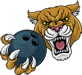 Cougar, panther, mountain lion or puma wildcat cat bowling mascot sports team mascot holding a ball