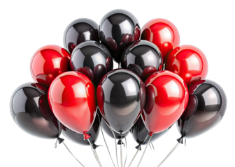 A group of red and black glossy balloons tied together with silver strings, arranged in a cluster against a white backdrop
