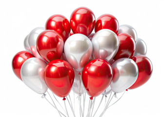 A bunch of red and silver glossy latex balloons against a white background