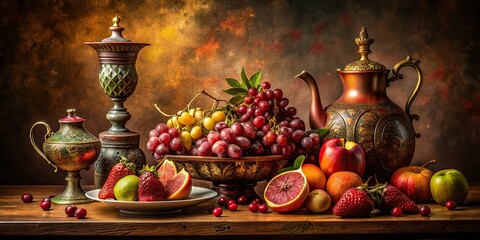 10. A carefully arranged, wine red Still Life composition featuring exotic fruits and ornate, antique vases, a realistic photo image.