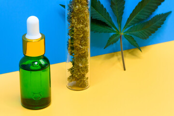 Green dropper bottle with Cannabis flower buds and green leaf on yellow and blue isolated background, Scientists research CBD and THC extract oil from marijuana in pharmaceutical industry.