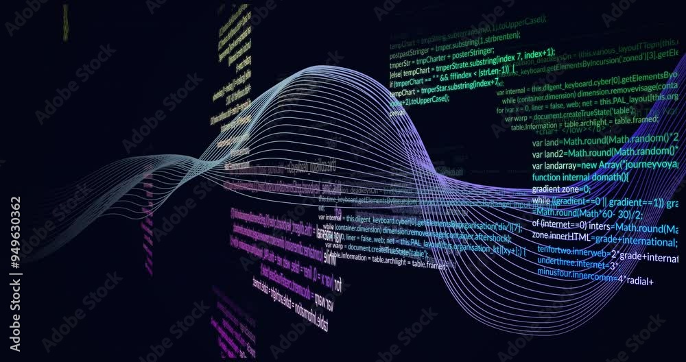 Poster Flowing wave animation over colorful programming code lines on dark background