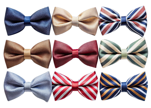 Nine striped bow ties are neatly arranged in three rows on a black background. Each bow tie has a different color combination