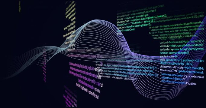 Flowing wave animation over colorful programming code lines on dark background