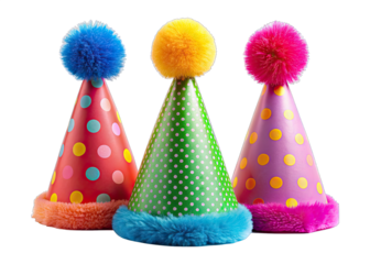 Three colorful cone party hats with fur pom poms in different colors and patterns - red, yellow, blue polka dots; green polka dots; purple polka dots - are lined up on a white background