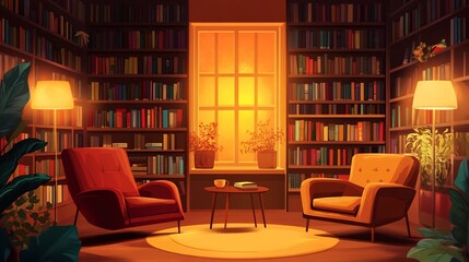 Vector of a cozy library with bookshelves comfortable chairs and warm lighting perfect for reading
