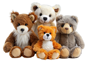 A group of four plush furry stuffed animals sitting together on a white background
