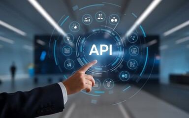 API Interface Technology: Hand selecting API interface on futuristic digital display.  A close-up shot of a hand pointing to an API interface on a futuristic digital display.