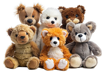A group of six plush stuffed toys, each with unique fur colors and designs, are sitting together on a white background. They are arranged in a semi-circle, facing the viewer