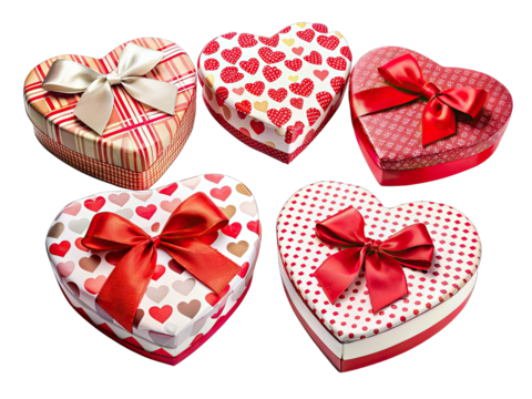 Five heart-shaped gift boxes, decorated with red and white patterns, are arranged on a white background. The boxes have red bows and are ready to be given as gifts - Powered by Adobe