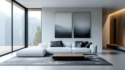 Fototapeta premium A modern living room with a mountain view, white sofa, and wooden coffee table offers a serene escape.