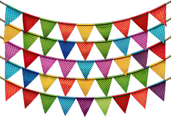 A brightly colored, polka dot patterned pennant bunting garland chain hangs against a white background