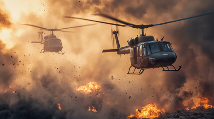 Two helicopters flying over a battlefield with smoke and fire