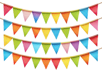 Four rows of colorful pennant bunting garland chains with white polka dots, hanging against a white background