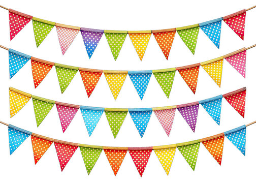 Four rows of colorful pennant bunting garland chains with white polka dots, hanging against a white background