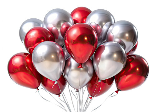 A group of silver and red metallic balloons, all tied together with strings, are arranged in a loose cluster against a white backdrop