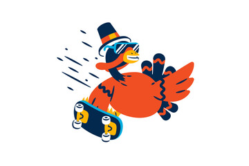 A cartoon turkey with a skateboard in his hand