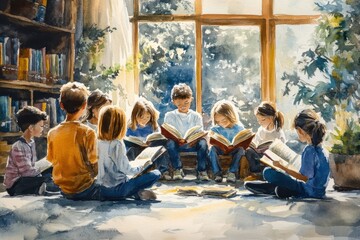Children reading books in cozy library, surrounded by sunlight and greenery, creating warm and inviting atmosphere.