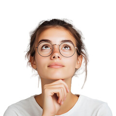 portrait of a woman with glasses looking up with thinking face, isolated, PNG.