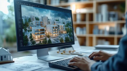 Digital Architecture of Modern Urban Development. Computer screen shows digital architectural plans of modern urban buildings, with an architect working on the design at a desk.