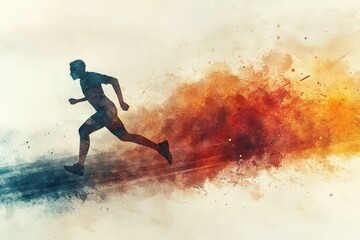 Naklejka premium A dynamic illustration of runner in motion, surrounded by vibrant splashes of color, conveying energy and speed.