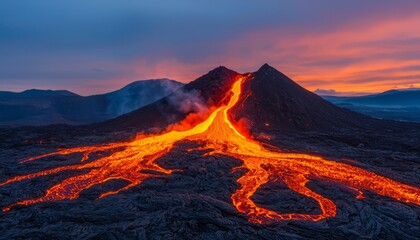 Obraz premium A breathtaking view of a volcano erupting with bright lava flowing down its slopes during sunset.